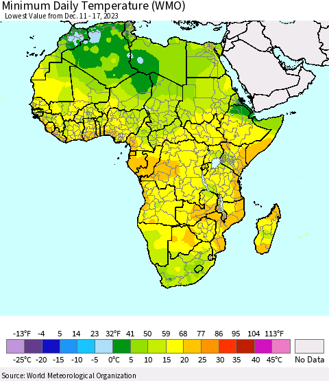 Africa Minimum Daily Temperature (WMO) Thematic Map For 12/11/2023 - 12/17/2023