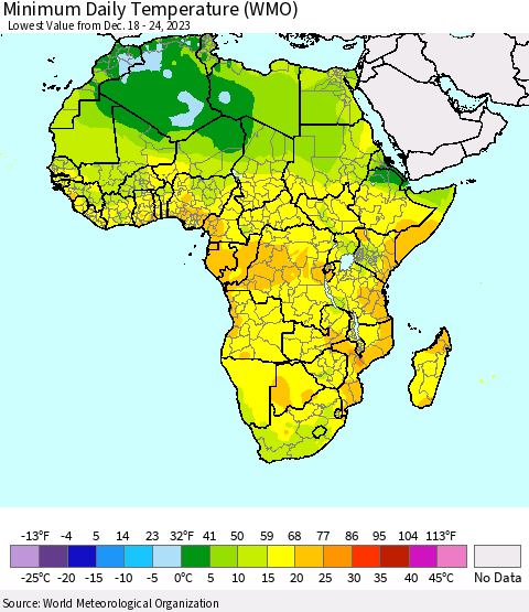 Africa Minimum Daily Temperature (WMO) Thematic Map For 12/18/2023 - 12/24/2023
