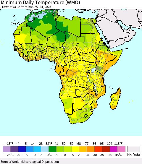 Africa Minimum Daily Temperature (WMO) Thematic Map For 12/25/2023 - 12/31/2023