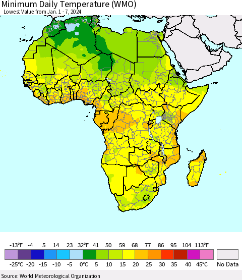 Africa Minimum Daily Temperature (WMO) Thematic Map For 1/1/2024 - 1/7/2024