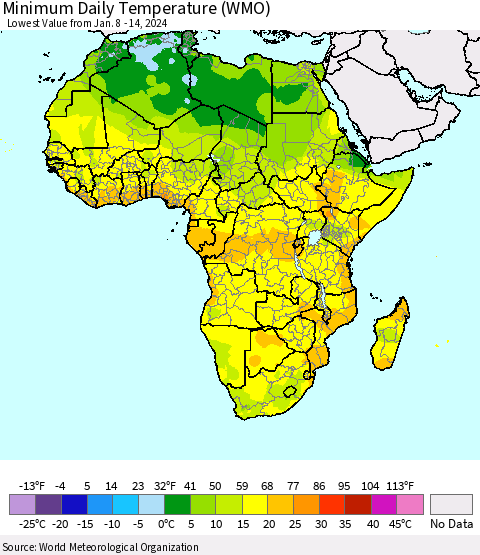 Africa Minimum Daily Temperature (WMO) Thematic Map For 1/8/2024 - 1/14/2024