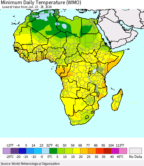 Africa Minimum Daily Temperature (WMO) Thematic Map For 1/22/2024 - 1/28/2024