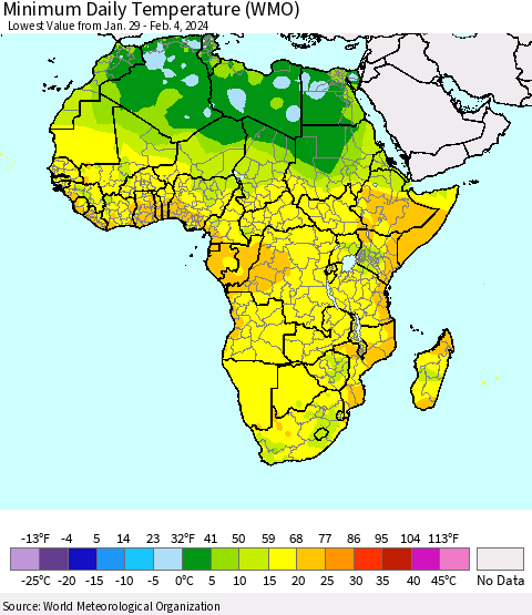 Africa Minimum Daily Temperature (WMO) Thematic Map For 1/29/2024 - 2/4/2024