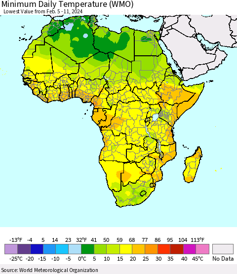 Africa Minimum Daily Temperature (WMO) Thematic Map For 2/5/2024 - 2/11/2024