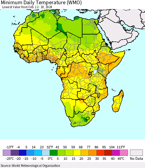 Africa Minimum Daily Temperature (WMO) Thematic Map For 2/12/2024 - 2/18/2024
