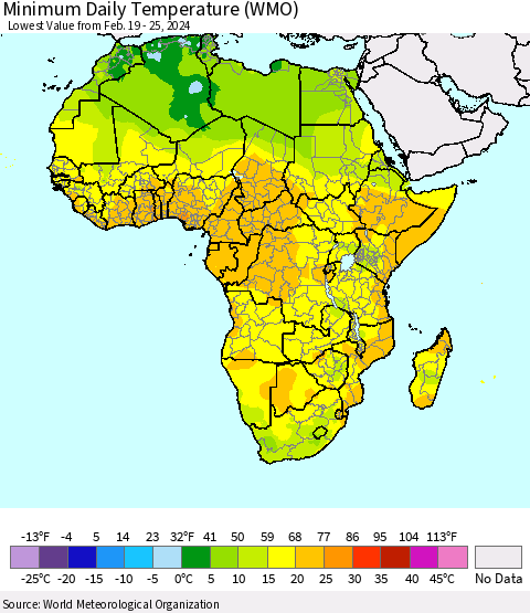Africa Minimum Daily Temperature (WMO) Thematic Map For 2/19/2024 - 2/25/2024