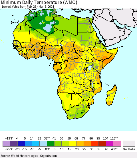 Africa Minimum Daily Temperature (WMO) Thematic Map For 2/26/2024 - 3/3/2024