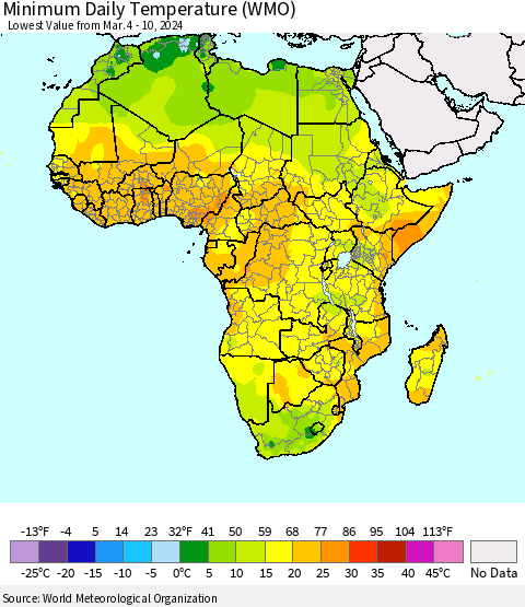 Africa Minimum Daily Temperature (WMO) Thematic Map For 3/4/2024 - 3/10/2024