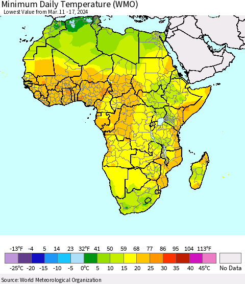 Africa Minimum Daily Temperature (WMO) Thematic Map For 3/11/2024 - 3/17/2024