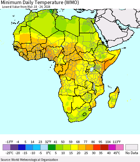 Africa Minimum Daily Temperature (WMO) Thematic Map For 3/18/2024 - 3/24/2024