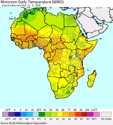 Africa Minimum Daily Temperature (WMO) Thematic Map For 3/25/2024 - 3/31/2024
