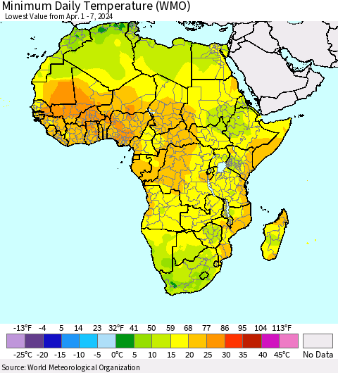 Africa Minimum Daily Temperature (WMO) Thematic Map For 4/1/2024 - 4/7/2024