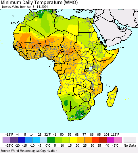 Africa Minimum Daily Temperature (WMO) Thematic Map For 4/8/2024 - 4/14/2024