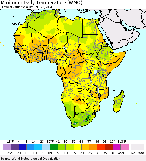 Africa Minimum Daily Temperature (WMO) Thematic Map For 10/21/2024 - 10/27/2024