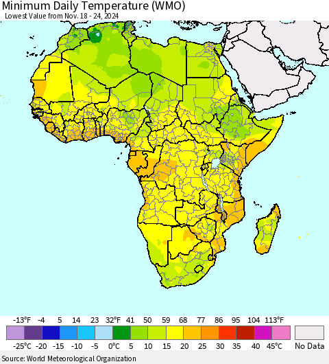 Africa Minimum Daily Temperature (WMO) Thematic Map For 11/18/2024 - 11/24/2024