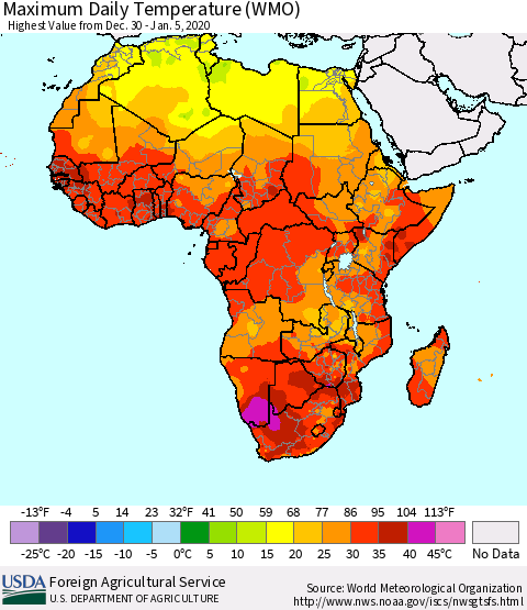 Africa Maximum Daily Temperature (WMO) Thematic Map For 12/30/2019 - 1/5/2020