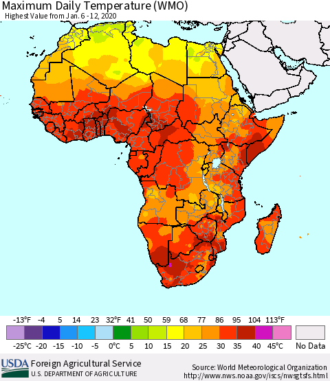 Africa Maximum Daily Temperature (WMO) Thematic Map For 1/6/2020 - 1/12/2020
