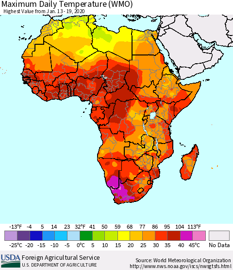 Africa Maximum Daily Temperature (WMO) Thematic Map For 1/13/2020 - 1/19/2020