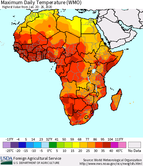 Africa Maximum Daily Temperature (WMO) Thematic Map For 1/20/2020 - 1/26/2020