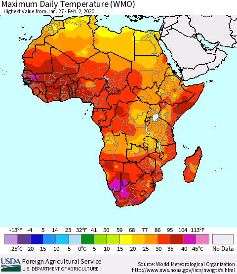 Africa Maximum Daily Temperature (WMO) Thematic Map For 1/27/2020 - 2/2/2020