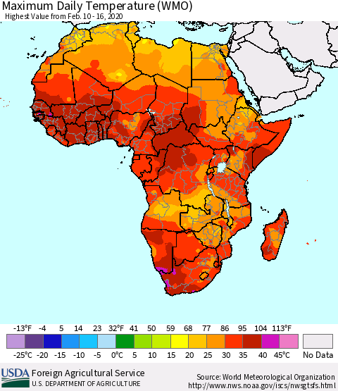 Africa Maximum Daily Temperature (WMO) Thematic Map For 2/10/2020 - 2/16/2020
