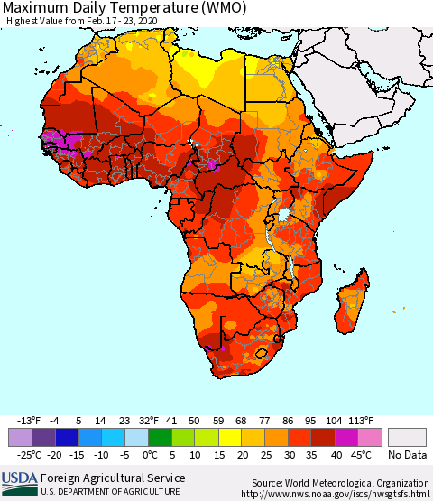 Africa Maximum Daily Temperature (WMO) Thematic Map For 2/17/2020 - 2/23/2020