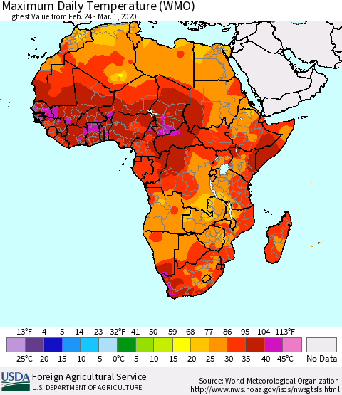 Africa Maximum Daily Temperature (WMO) Thematic Map For 2/24/2020 - 3/1/2020