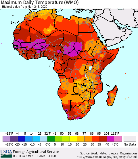 Africa Maximum Daily Temperature (WMO) Thematic Map For 3/2/2020 - 3/8/2020