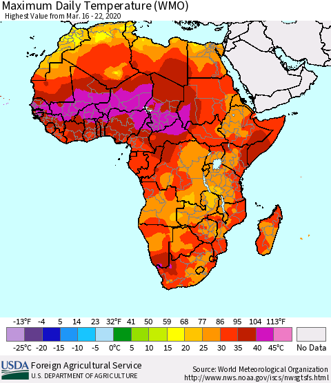 Africa Maximum Daily Temperature (WMO) Thematic Map For 3/16/2020 - 3/22/2020