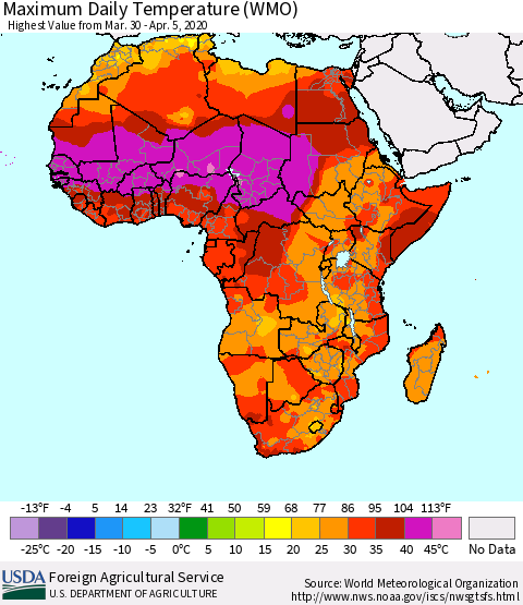 Africa Maximum Daily Temperature (WMO) Thematic Map For 3/30/2020 - 4/5/2020