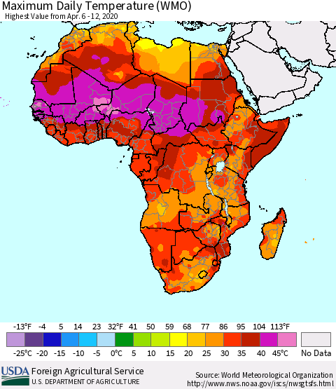 Africa Maximum Daily Temperature (WMO) Thematic Map For 4/6/2020 - 4/12/2020