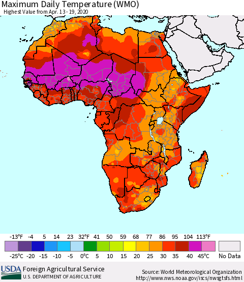 Africa Maximum Daily Temperature (WMO) Thematic Map For 4/13/2020 - 4/19/2020