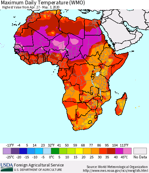 Africa Maximum Daily Temperature (WMO) Thematic Map For 4/27/2020 - 5/3/2020