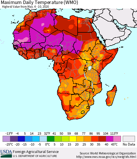Africa Maximum Daily Temperature (WMO) Thematic Map For 5/4/2020 - 5/10/2020