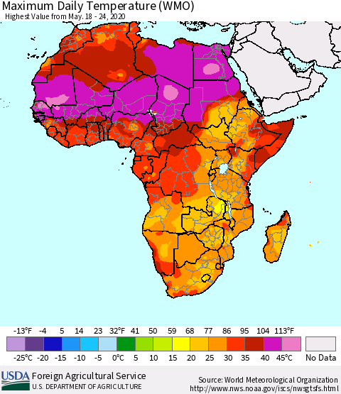 Africa Maximum Daily Temperature (WMO) Thematic Map For 5/18/2020 - 5/24/2020