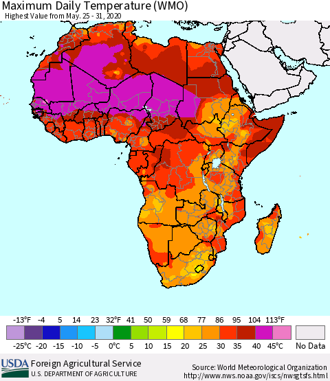 Africa Maximum Daily Temperature (WMO) Thematic Map For 5/25/2020 - 5/31/2020