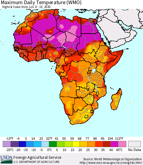 Africa Maximum Daily Temperature (WMO) Thematic Map For 6/8/2020 - 6/14/2020