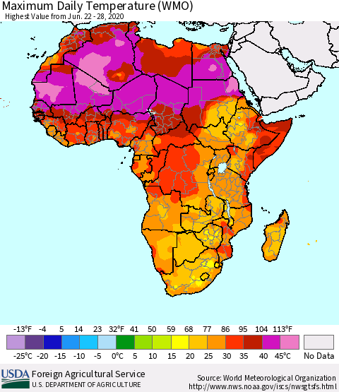 Africa Maximum Daily Temperature (WMO) Thematic Map For 6/22/2020 - 6/28/2020