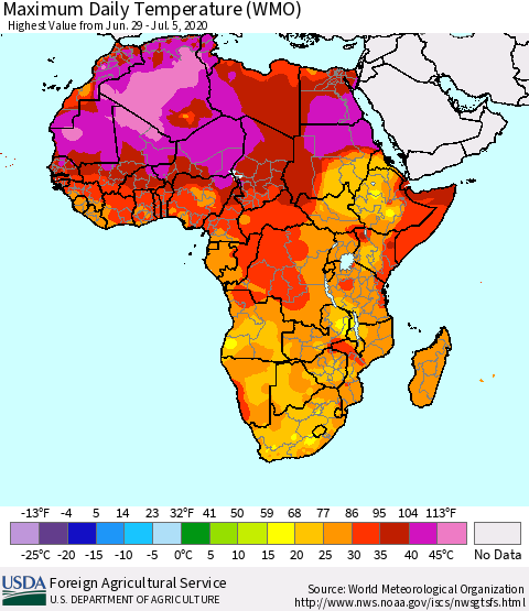 Africa Maximum Daily Temperature (WMO) Thematic Map For 6/29/2020 - 7/5/2020
