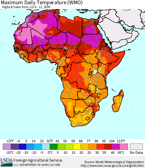 Africa Maximum Daily Temperature (WMO) Thematic Map For 7/6/2020 - 7/12/2020