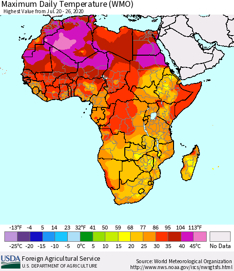 Africa Maximum Daily Temperature (WMO) Thematic Map For 7/20/2020 - 7/26/2020