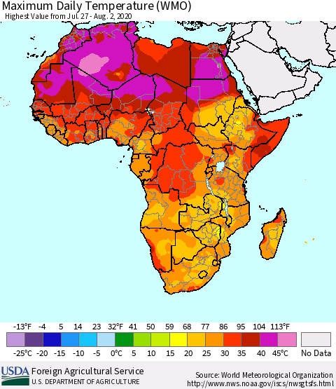 Africa Maximum Daily Temperature (WMO) Thematic Map For 7/27/2020 - 8/2/2020