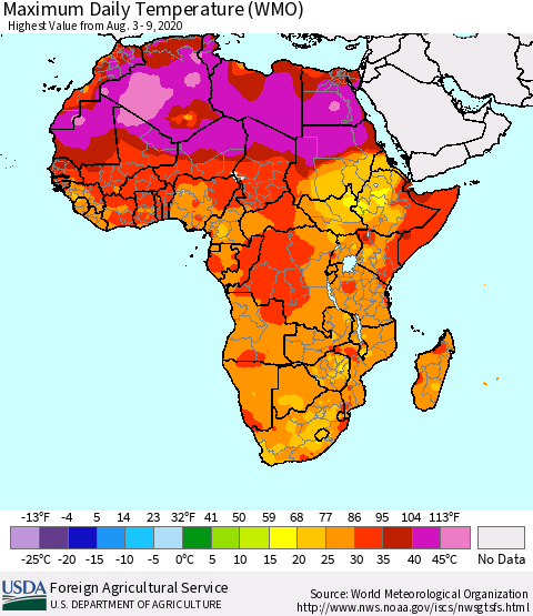 Africa Maximum Daily Temperature (WMO) Thematic Map For 8/3/2020 - 8/9/2020