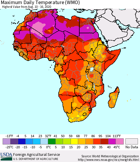 Africa Maximum Daily Temperature (WMO) Thematic Map For 8/10/2020 - 8/16/2020