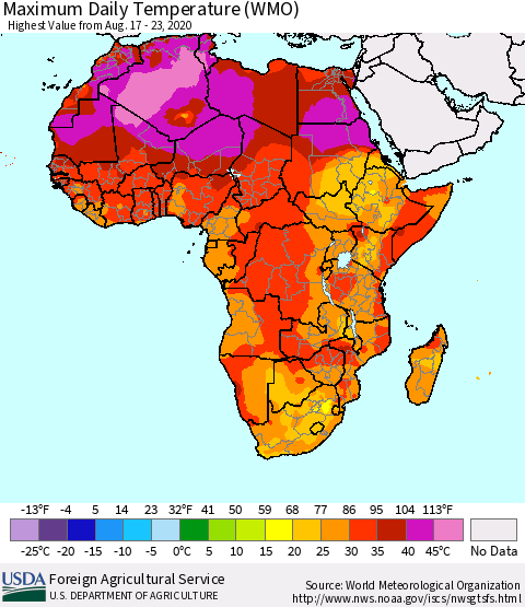Africa Maximum Daily Temperature (WMO) Thematic Map For 8/17/2020 - 8/23/2020