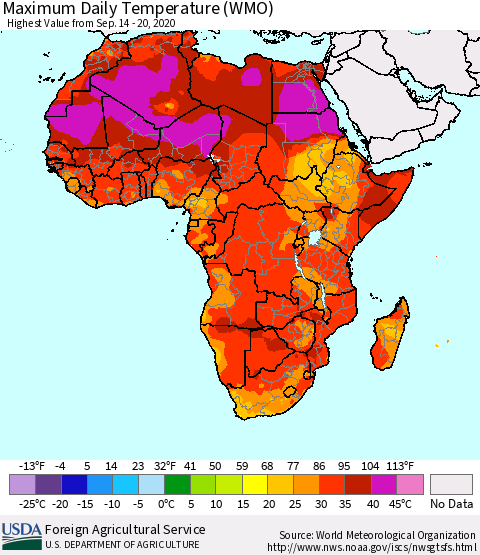 Africa Maximum Daily Temperature (WMO) Thematic Map For 9/14/2020 - 9/20/2020