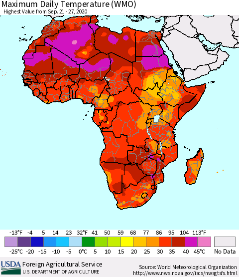 Africa Maximum Daily Temperature (WMO) Thematic Map For 9/21/2020 - 9/27/2020