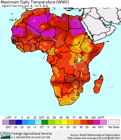Africa Maximum Daily Temperature (WMO) Thematic Map For 9/28/2020 - 10/4/2020