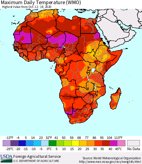 Africa Maximum Daily Temperature (WMO) Thematic Map For 10/12/2020 - 10/18/2020
