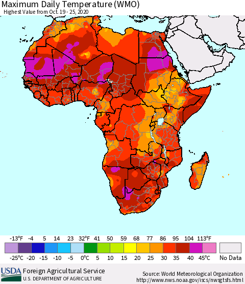Africa Maximum Daily Temperature (WMO) Thematic Map For 10/19/2020 - 10/25/2020